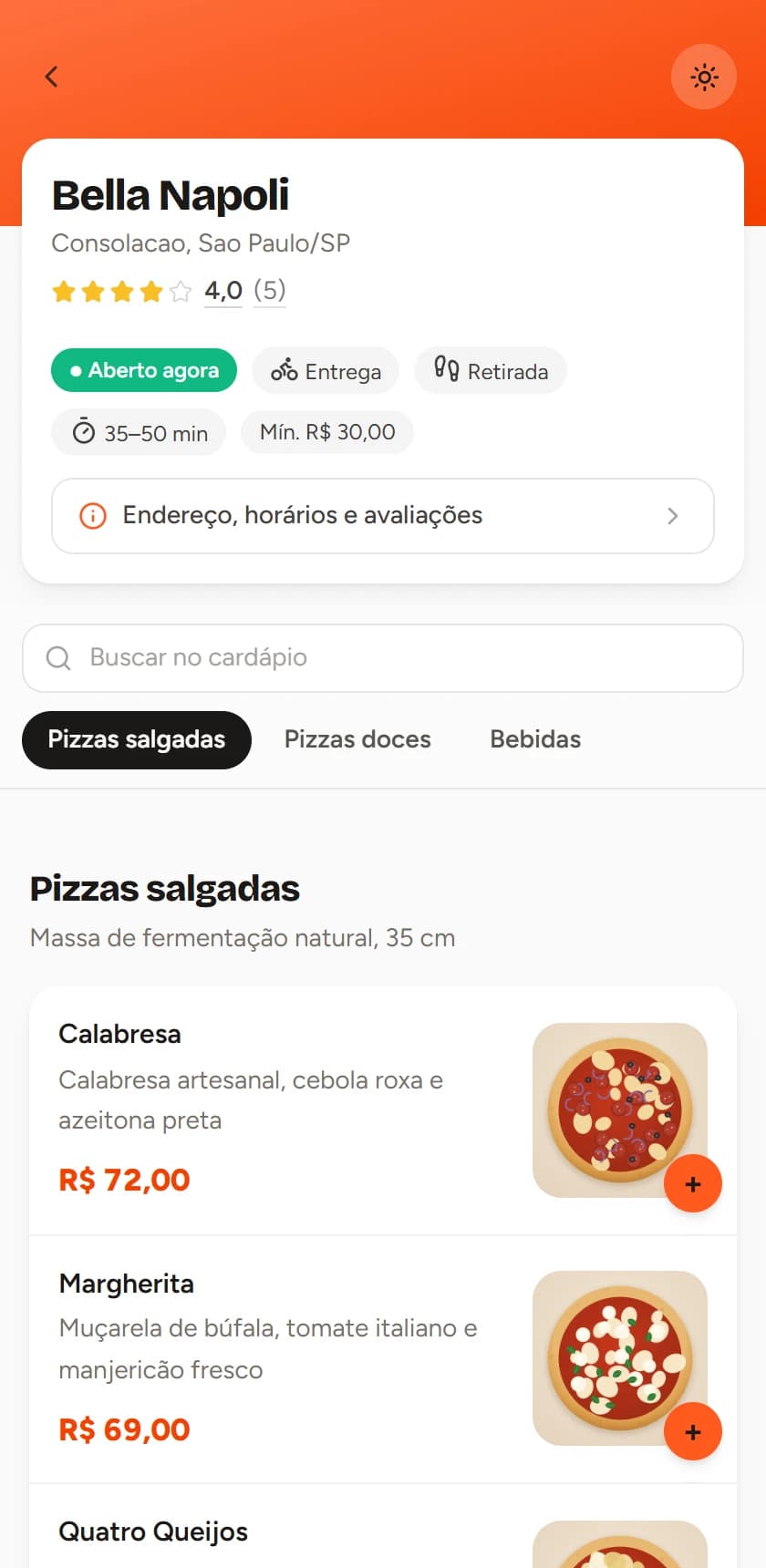 O cardápio da loja no celular do cliente