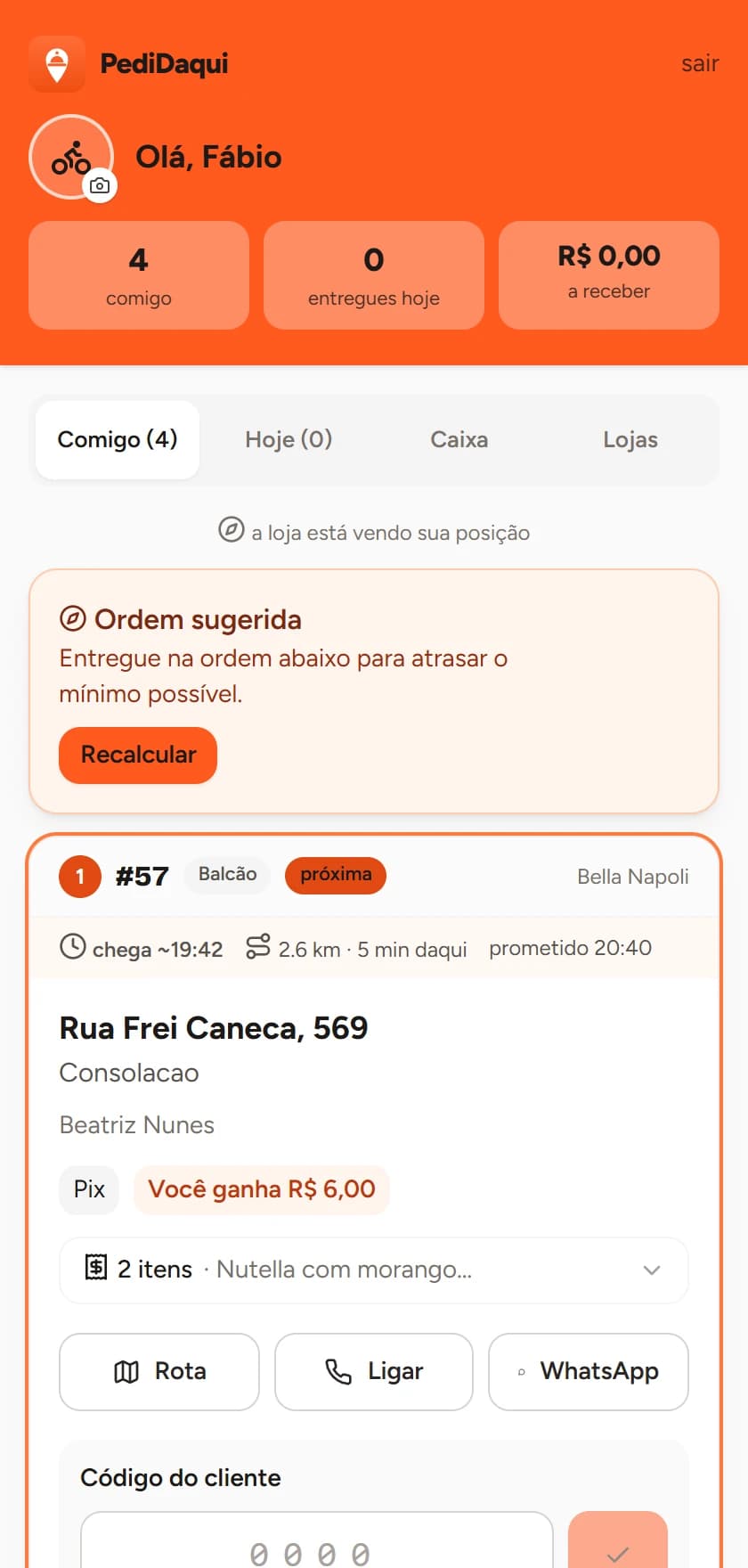 Tela do entregador com as entregas em ordem e o campo do código do cliente